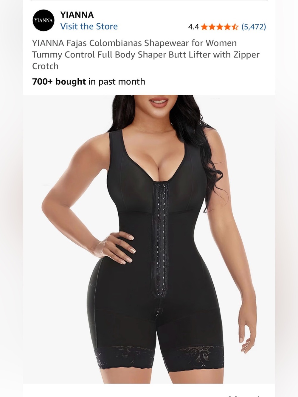 Anna Black Full-Body Shapewear Bodysuit with Front Hook Closure